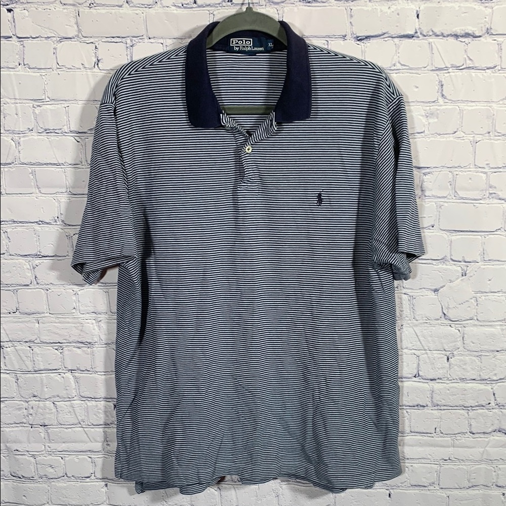 Polo Ralph Lauren Mens Vintage Striped Short Sleeve Polo Blue White Sz XL Cotton